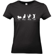 T-shirt noir avec silhouettes de chats, un deux trois cat.