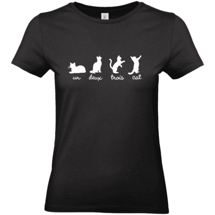 T-shirt noir avec silhouettes de chats, un deux trois cat.