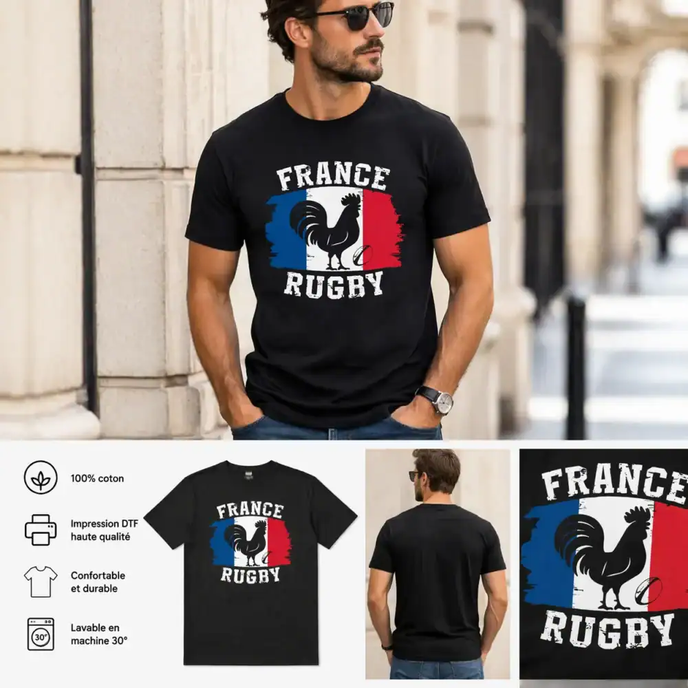 T-shirt noir France rugby avec coq et drapeau français porté homme