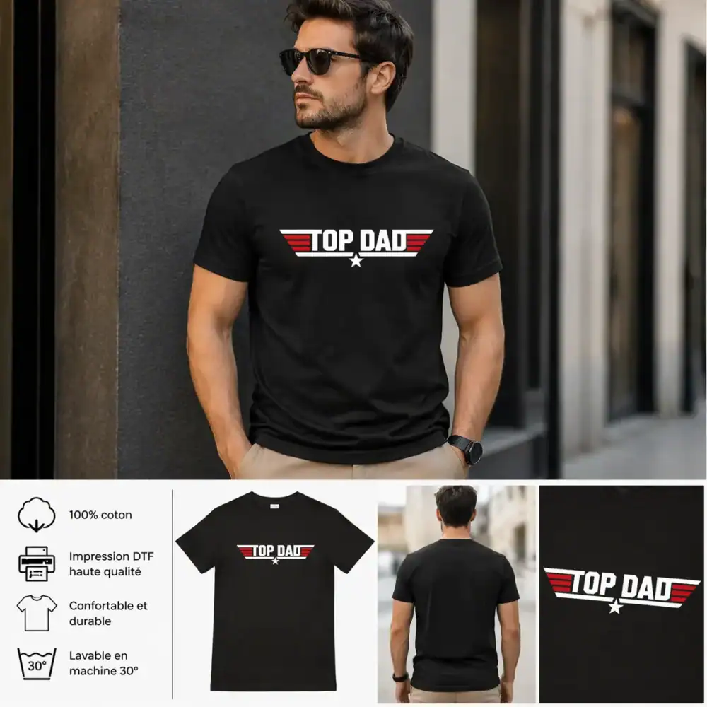 T-shirt noir homme “Top Dad” style aviation porté en extérieur urbain avec impression DTF blanche et rouge centrée, rendu réaliste premium Pilou Shop 64