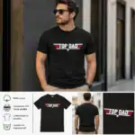 T-shirt noir homme “Top Dad” style aviation porté en extérieur urbain avec impression DTF blanche et rouge centrée, rendu réaliste premium Pilou Shop 64