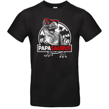 T-shirt noir avec dinosaure et texte 'Papasaurus'.