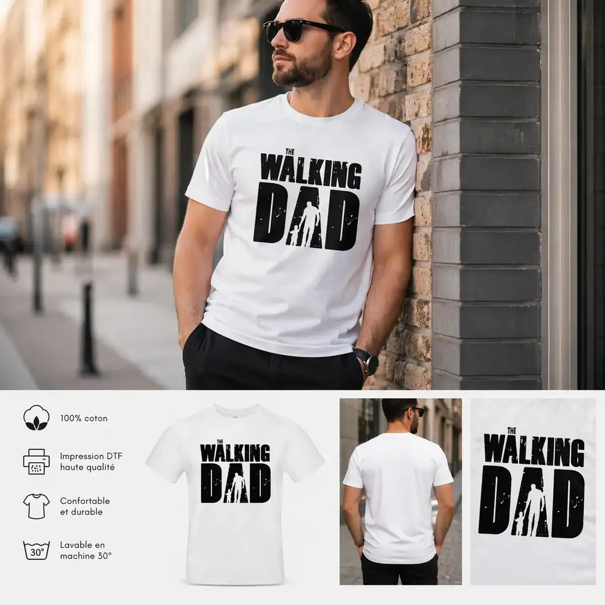 Détails du fichier joint t-shirt-the-walking-dad-humour-papa-blanc-impression-dtf-silhouette-pere-enfant