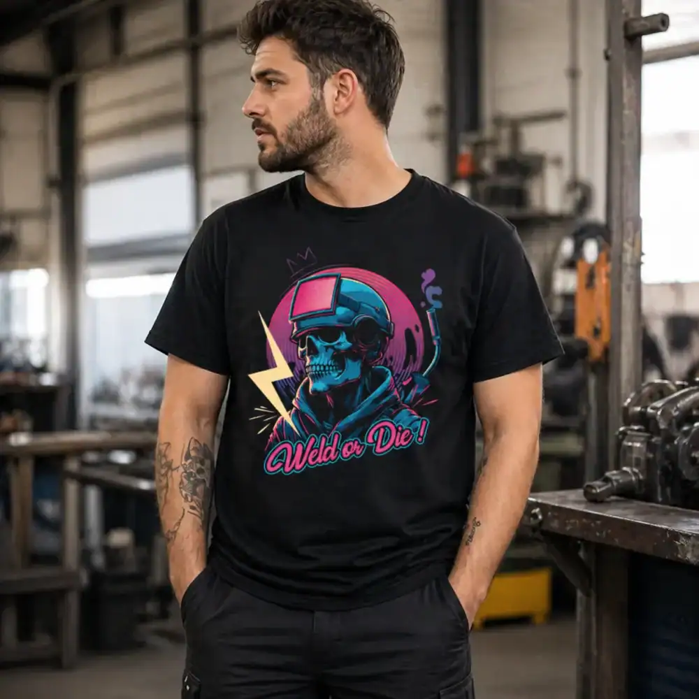 t-shirt weld or die avec crane soudeur porté par homme en atelier