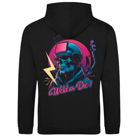 Sweat à capuche imprimé crâne, message 'Weld or Die'.