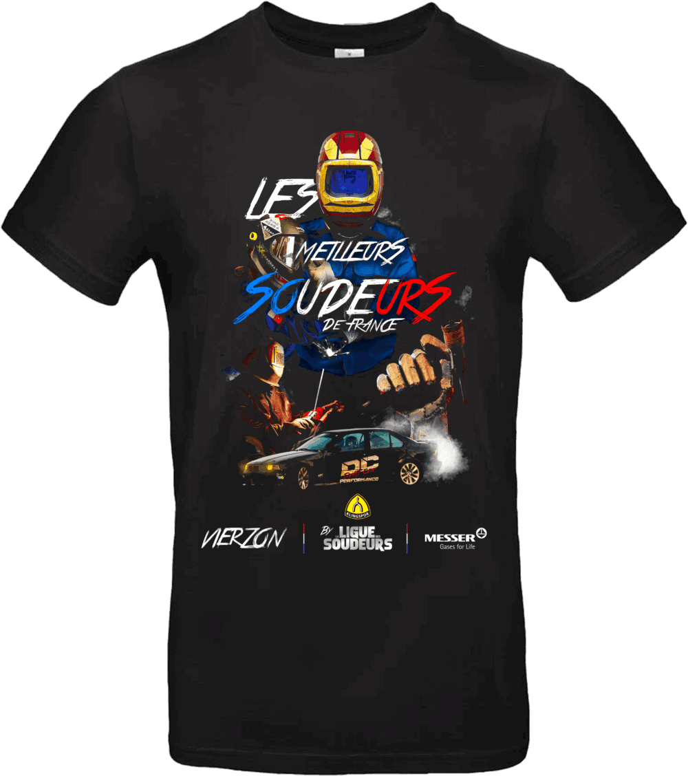 Pilou Shop 64 – T-shirt noir officiel Les Meilleurs Soudeurs de France édition 2025 avec design illustré de soudeurs, flamme et voiture drift