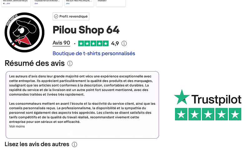 Avis clients Google et Trustpilot Pilou Shop 64 noté 4,9 sur 5 pour la qualité et la satisfaction client.