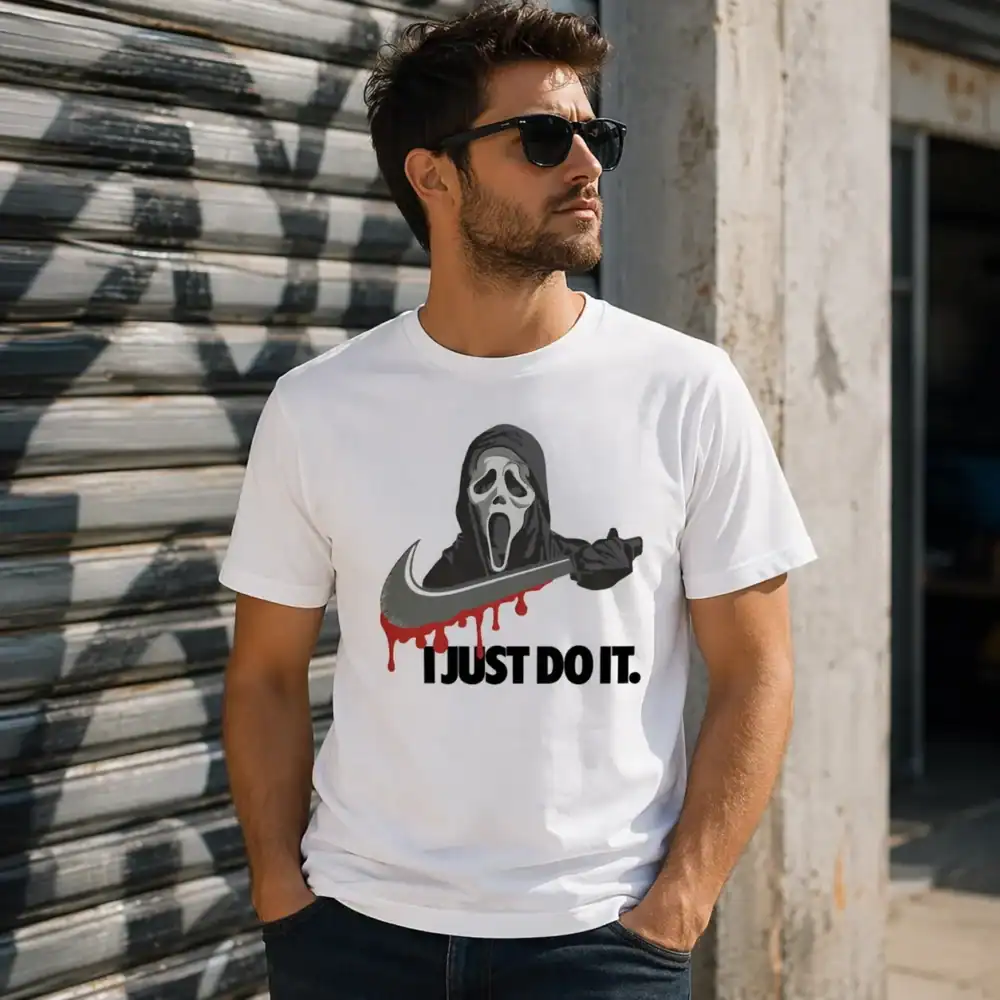 T-shirt i just do it porté par homme en extérieur urbain garage
