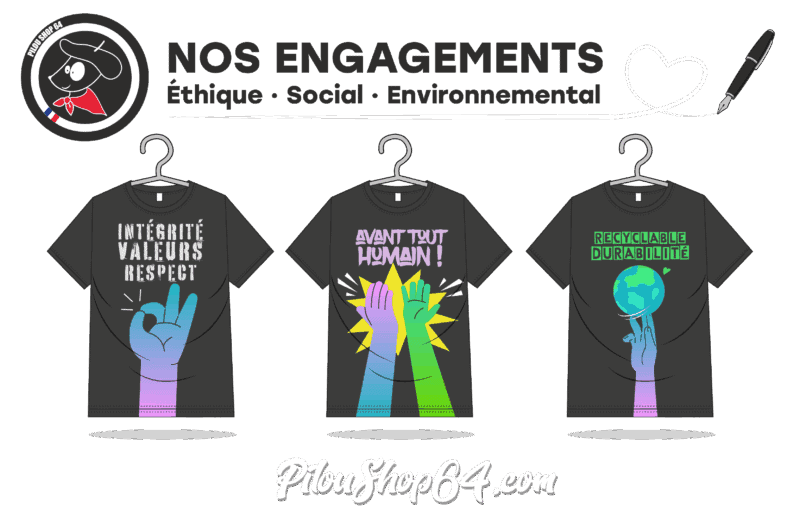 Trois t-shirts avec messages engagés écologiques et sociaux.