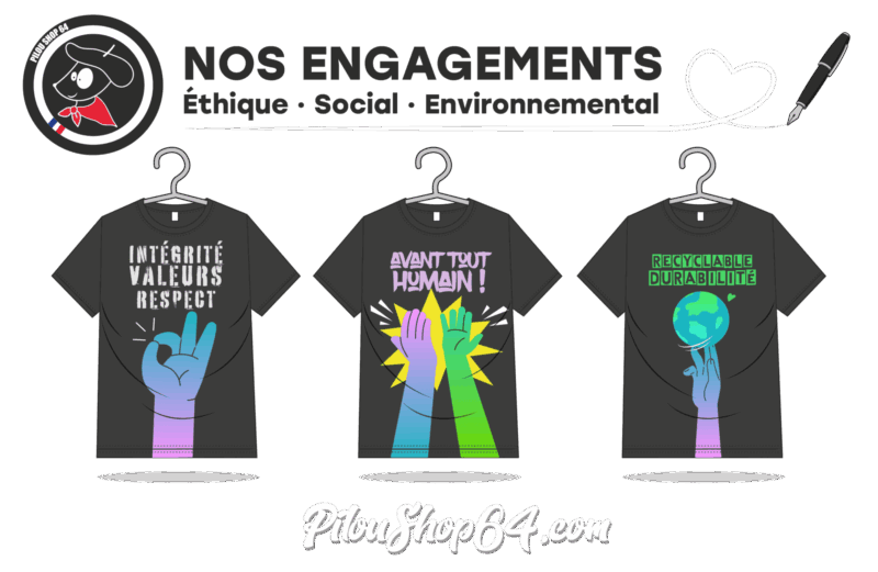 Trois t-shirts avec messages engagés écologiques et sociaux.