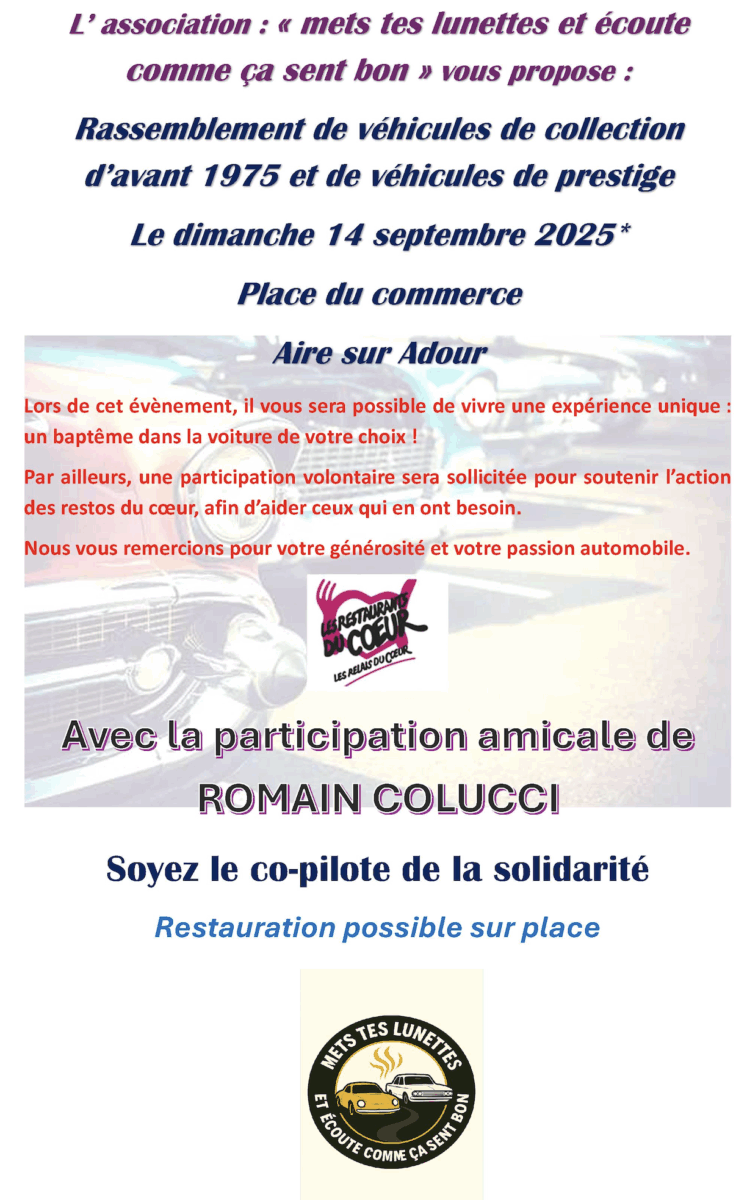 Événement automobile solidaire avec Les Restos du Cœur.
