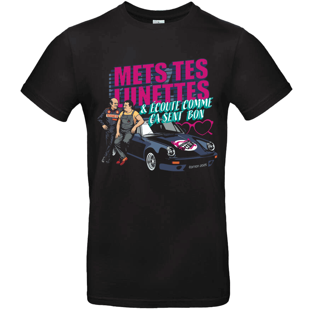tee shirt noir avec slogan mets tes lunettes et ecoute comme ça sent bon avec rene metge et coluche autour d'une porsche