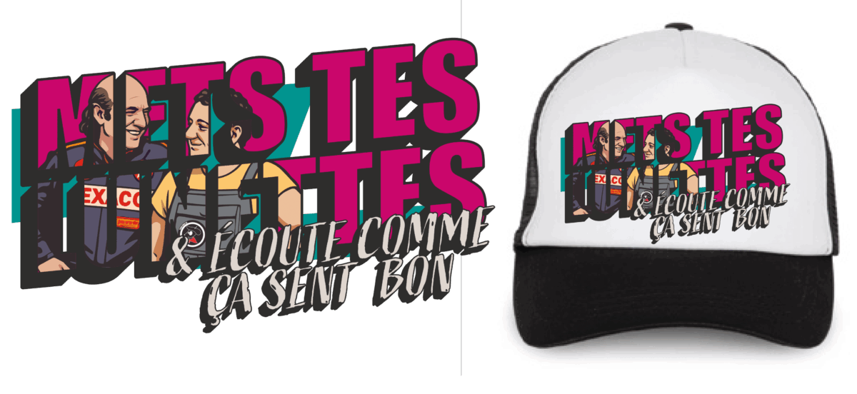 Poupée ou casquette avec logo Pilou Shop 64 représentant deux personnages masculins et féminins, slogan "Mets tes écoute comme ça sent bon" en couleurs vives, mode streetwear, accessoires personnalisés pour fans et passionnés.