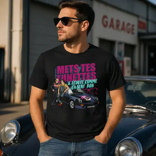 T-shirt Mets tes lunettes porté par homme en extérieur garage voiture rétro