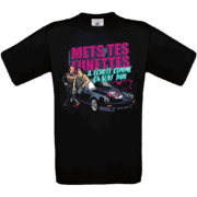 T-shirt noir avec dessin humoristique et texte.