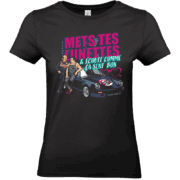 tee shirt noir avec slogan mets tes lunettes et ecoute comme ça sent bon avec rene metge et coluche autour d'une porsche
