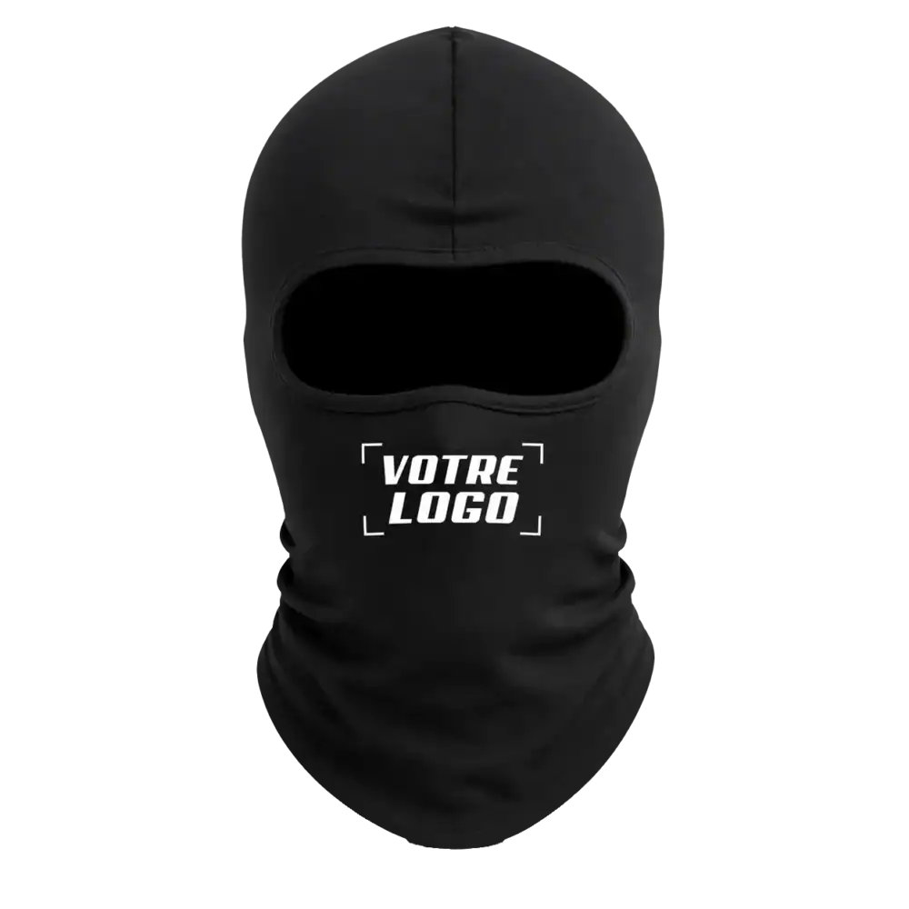 cagoule personnalisée noire avec logo personnalisé sur le visage marquage DTF textile personnalisé pilou shop 64