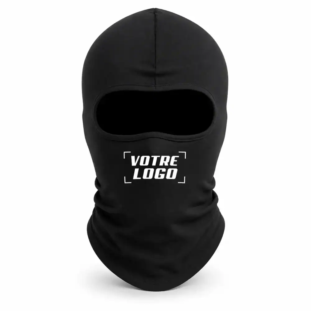 cagoule personnalisée noire avec logo personnalisé sur le visage marquage DTF textile personnalisé pilou shop 64