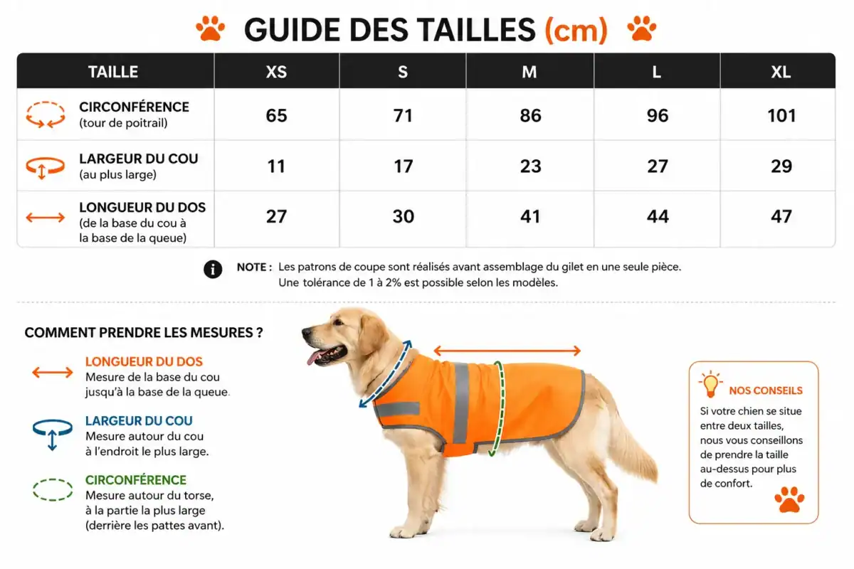 guide des tailles gilet chien personnalisé tableau mesures chien circonference cou longueur dos
