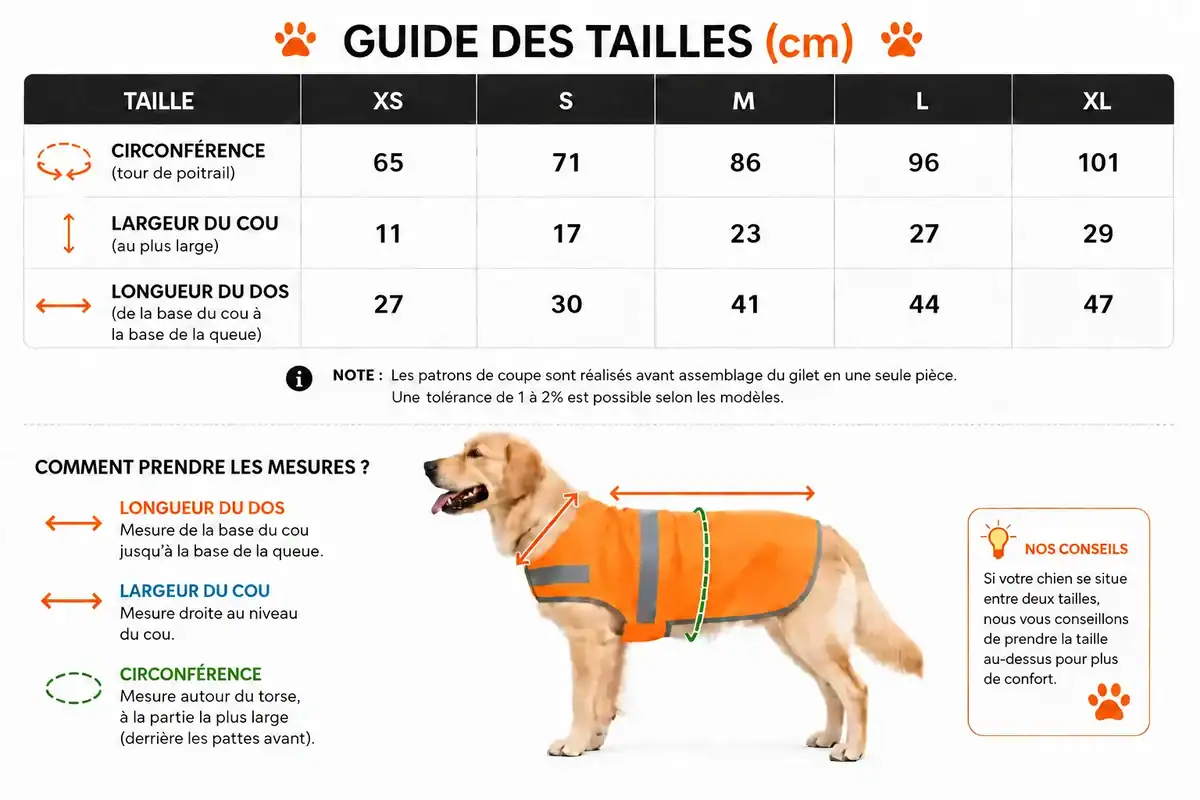 guide des tailles gilet chien personnalisé tableau mesures chien circonference cou longueur dos
