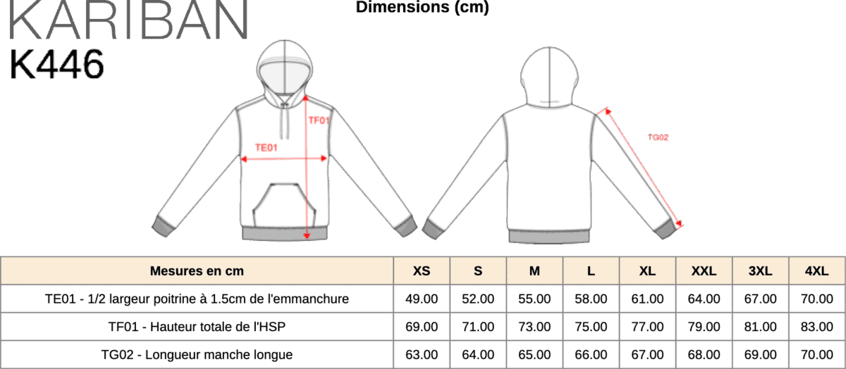 Dimensions du hoodie Kariban K446, tailles XS à 4XL.