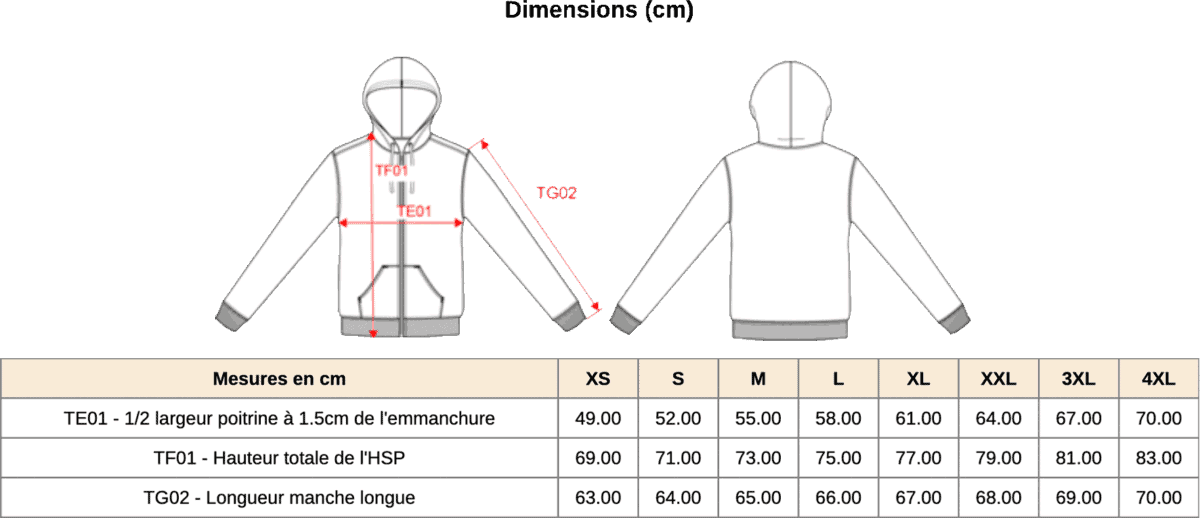 Guide des tailles pour sweat à capuche.