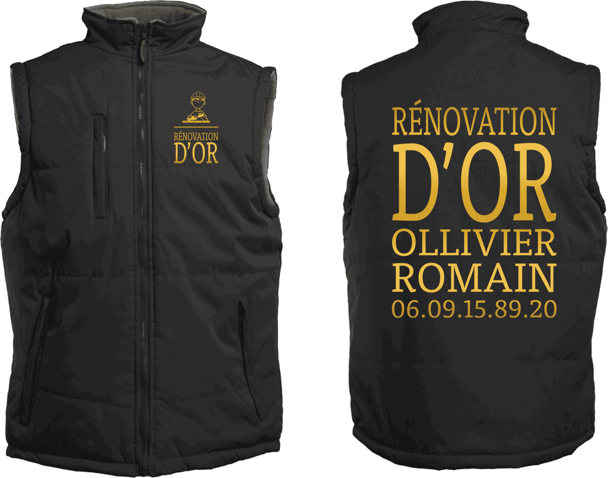 Gilet sans manches noir avec logo et texte doré 'Rénovation D'Or Olivier Romain' et numéro de téléphone au dos. Parfait pour un look professionnel et élégant.