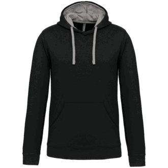 Sweat à capuche noir unisexe avec cordons gris.