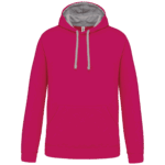 Sweat à capuche rose avec cordons gris.