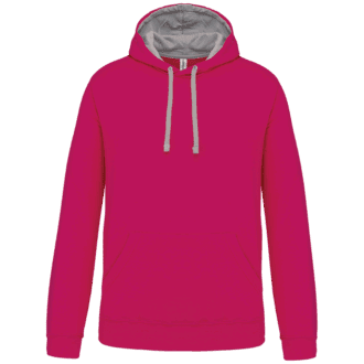 Sweat à capuche rose avec cordons gris.