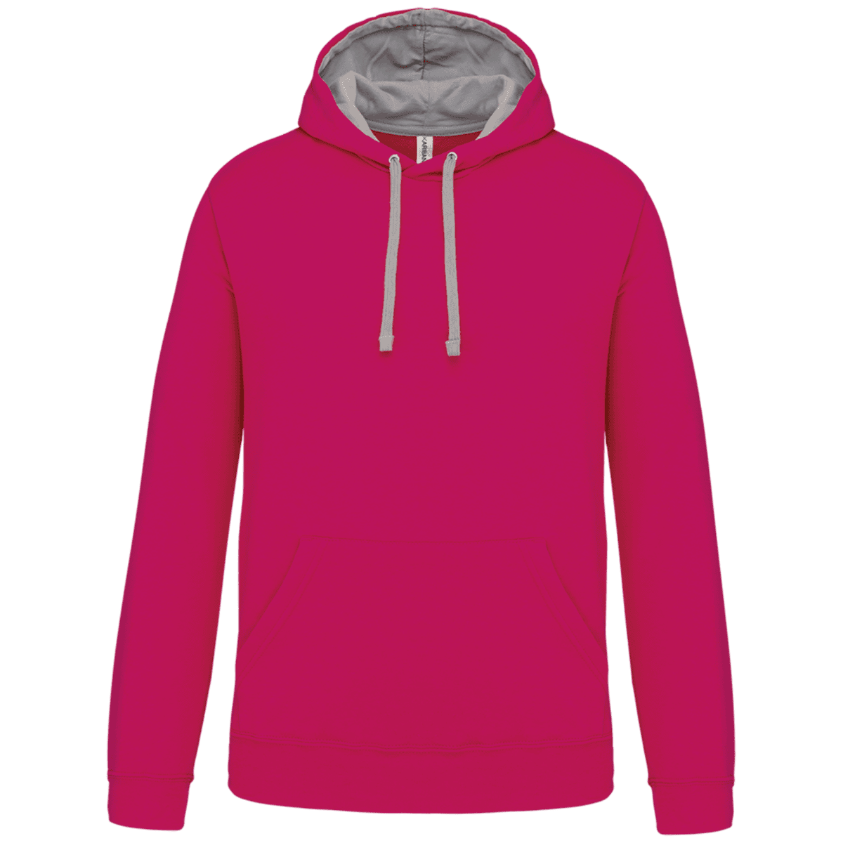 Sweat à capuche rose avec cordons gris.