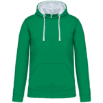 Sweat à capuche vert avec cordons blancs.