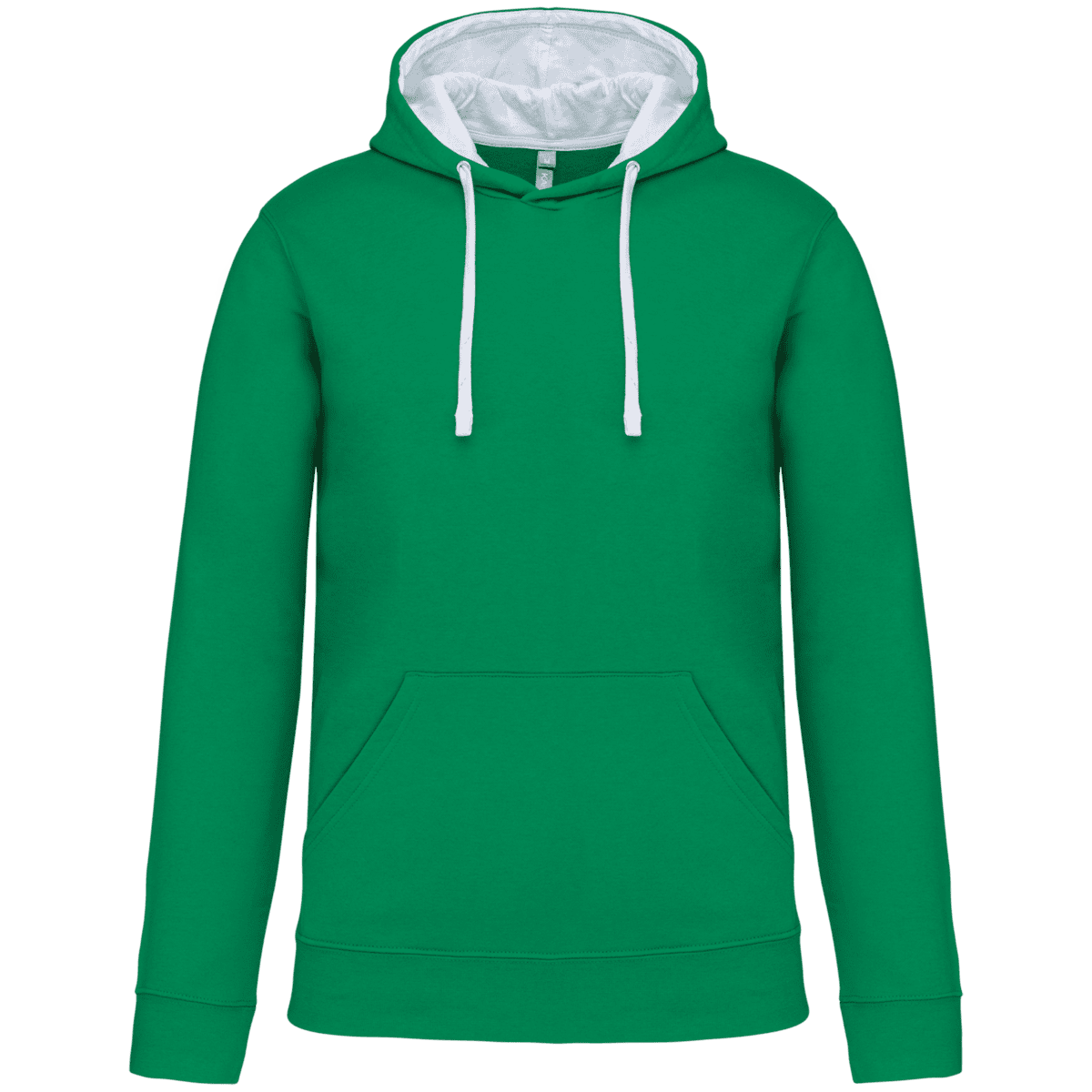 Sweat à capuche vert avec cordons blancs.