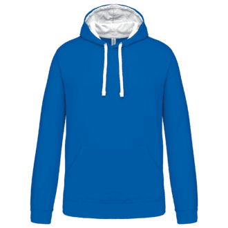 Sweat à capuche bleu avec cordons blancs.