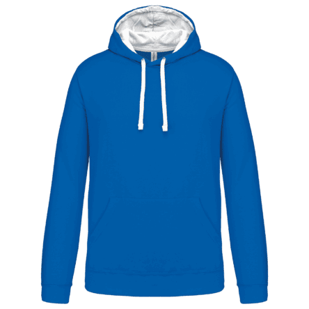 Sweat à capuche bleu avec cordons blancs.