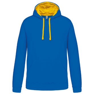 Sweat à capuche bleu avec cordon jaune.