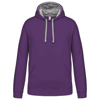 Sweat à capuche violet avec cordons gris.