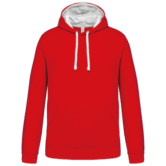Sweat à capuche rouge avec cordons blancs.