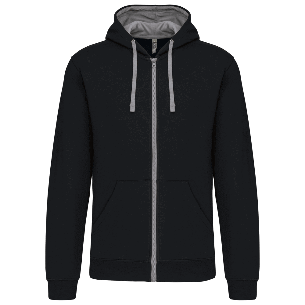 Sweat à capuche noir avec fermeture éclair grise.