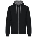 Sweat à capuche noir avec fermeture éclair grise.