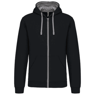 Sweat à capuche noir avec fermeture éclair grise.