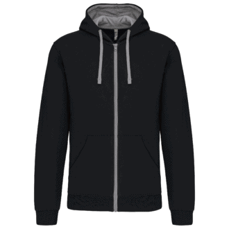 Veste à capuche noire avec fermeture éclair grise.