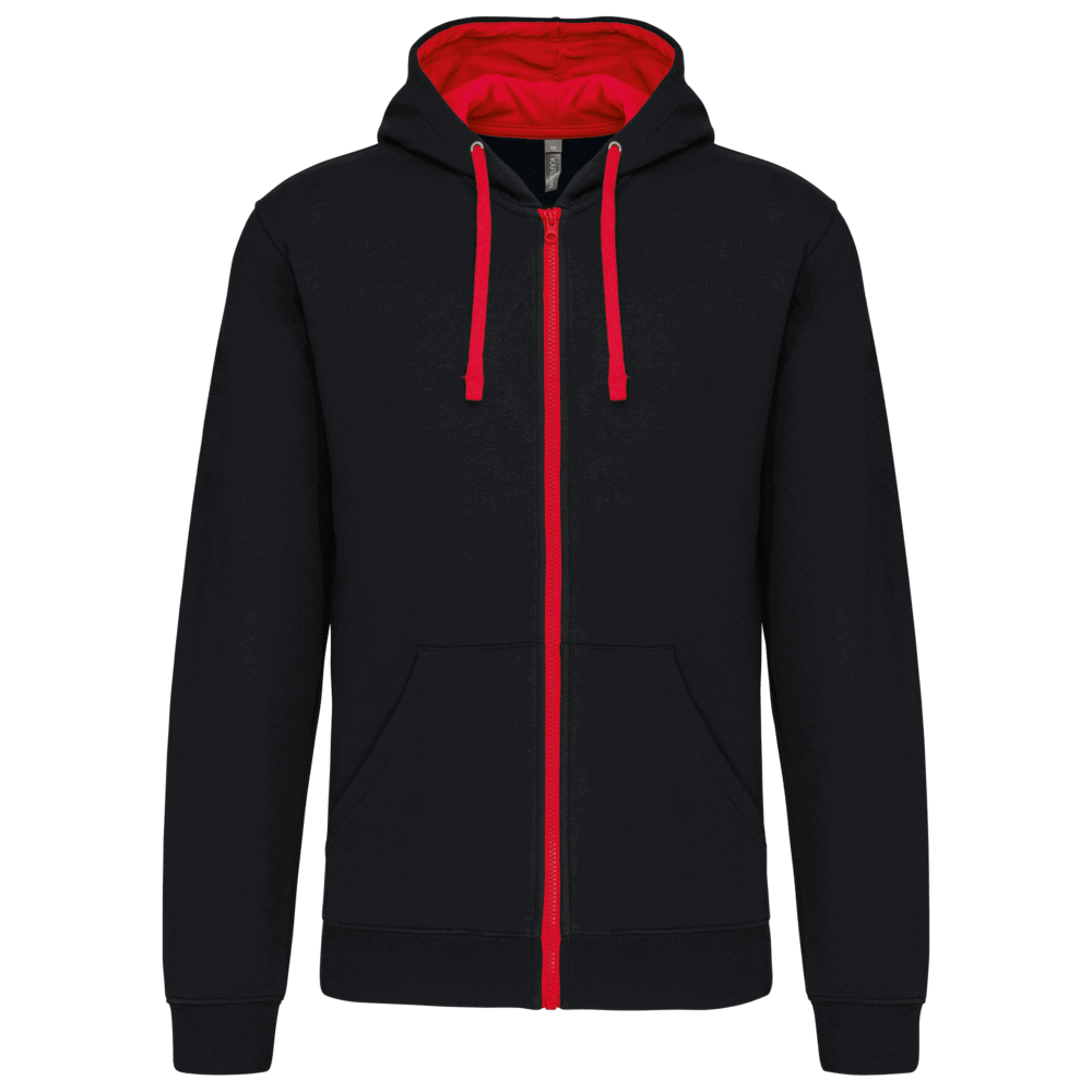 Sweat à capuche noir avec fermetures rouges.