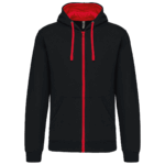 Sweat à capuche noir avec fermetures rouges.