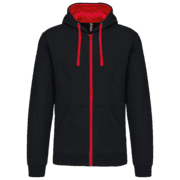Sweat à capuche noir avec fermetures rouges.