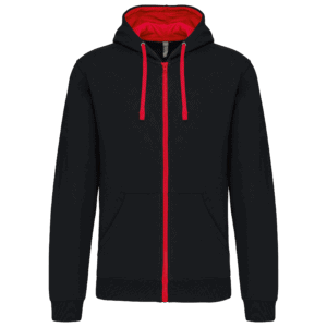 Sweat à capuche noir avec fermeture éclair rouge.