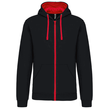 Sweat à capuche noir avec fermeture éclair rouge.