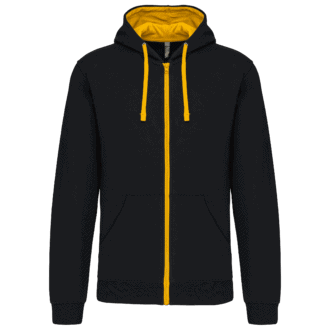 SWEAT NOIR A CAPUCHE ET ZIP JAUNE
