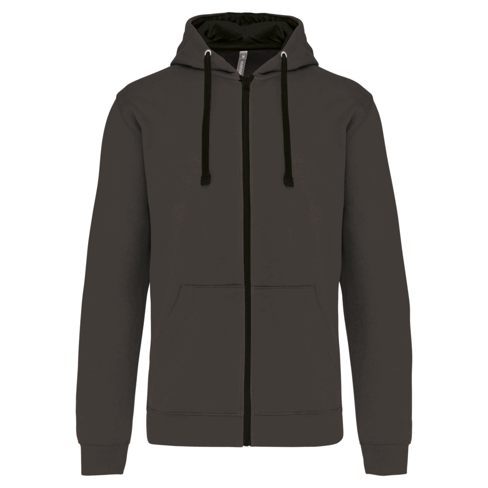 Hoodie gris avec fermeture éclair et capuche.