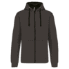 Hoodie gris avec fermeture éclair et capuche.